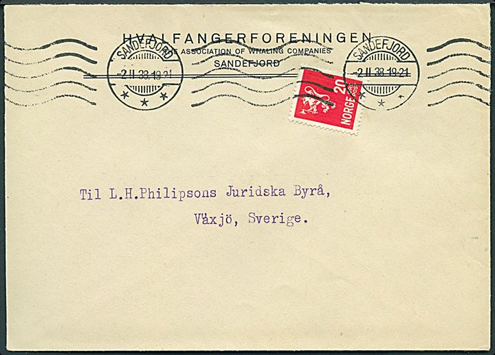 20 øre Løve på fortrykt kuvert fra Hvalfangerforeningen (The Association of Whaling Companies) i Sandefjord d. 2.2.1938 til Växjö, Sverige.