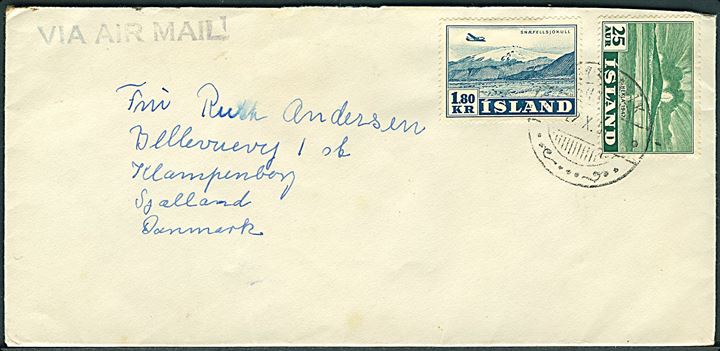 25 aur Hekla og 1,80 kr. Luftpost på luftpostbrev fra Reykjavik d. 22.10.1951 til Klampenborg, Danmark.