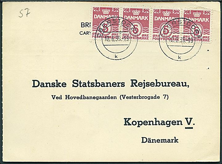 5 øre Bølgelinie i vandret 4-stribe på svarbrevkort annulleret med tysk stempel i Obersdorf d. 10.6.1939 til København, Danmark.