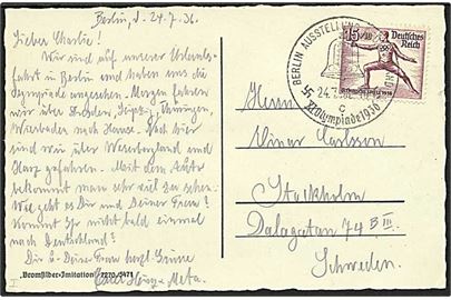 15+10 pfg. Olympiade udg. på brevkort annulleret med Olympiade-særstempel Berlin Ausstellung Deutschland XI Olympiade 1936 d. 24.7.1936 til Stockholm, Sverige.