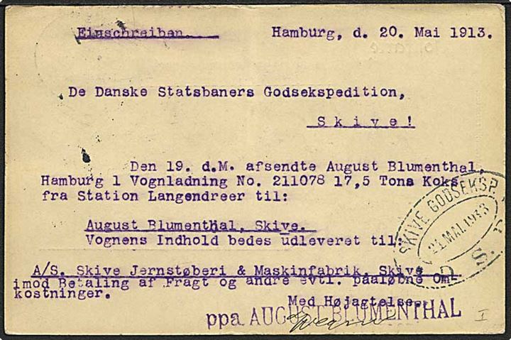 30 pfg. Germania med perfin AUG.BLU. (August Blumenthal) single på anbefalet brevkort fra Hamburg d. 20.5.1913 til Skive, Danmark. På bagsiden privat jernbanestempel: Skive Godseksp. D.S.B.