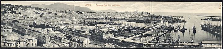 Panorama della Città e del Porto, Genova. Tog & Skibe ses. T. P. T. F. 8,9 x 41, 7 cm. 