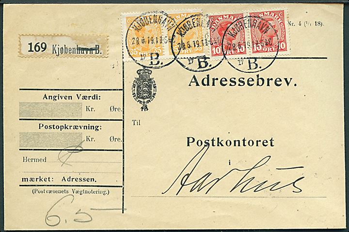 10 øre (par) og 35 øre (par) Chr. X på adressebrev for pakke fra Kjøbenhavn d. 28.6.1919 til Aarhus. Ank.stemplet Aarhus d. 29.6.1919 0.OMB. (= søndag).