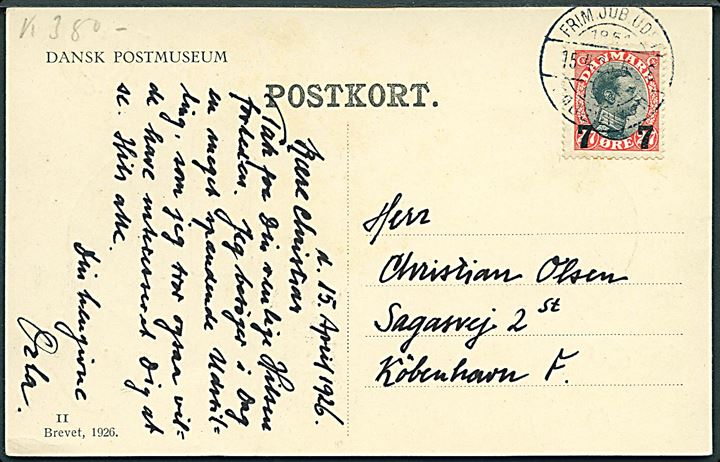 7/27 øre Provisorium på brevkort (Dansk Postmuseum. Brevet 1926 II) annulleret med særstempel FRIM JUB UDST 1851 1926 København d. 15.4.1925.