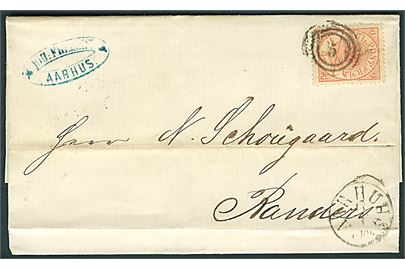 4 sk. Krone/Scepter på brev annulleret med nr.stempel 5 og sidestemplet antiqua Aarhus d. 17.7.1867 via J. Jernb.P.S.P.B. d. 17.7.1867 til Randers. Folder.