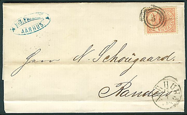 4 sk. Krone/Scepter på brev annulleret med nr.stempel 5 og sidestemplet antiqua Aarhus d. 17.7.1867 via J. Jernb.P.S.P.B. d. 17.7.1867 til Randers. Folder.