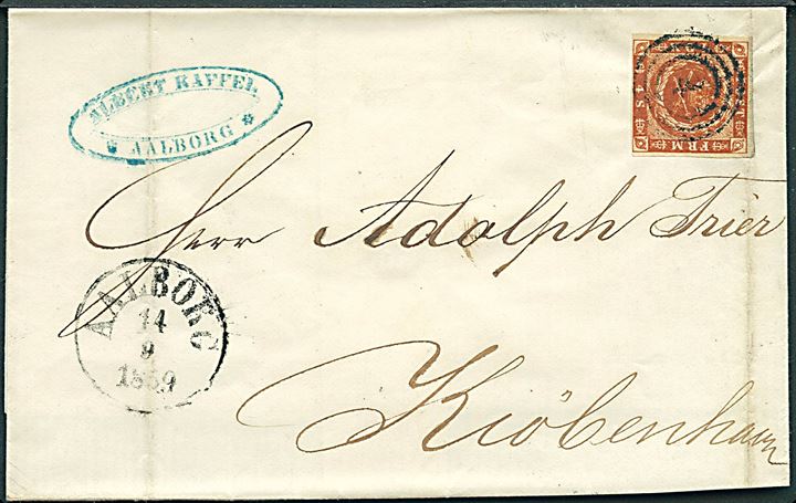 4 sk. 1854 udg. på brev annulleret med nr.stempel 4 og sidestemplet antiqua Aalborg d. 14,9,1859 til Kjøbenhavn. 