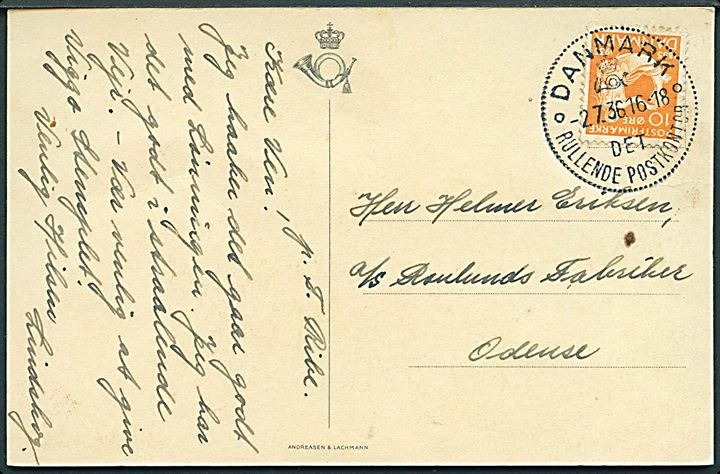 10 øre H. C. Andersen på brevkort fra Ribe annulleret med særstempel Danmark * Det Rullende Postkontor * d. 2.7.1936 til Odense. Det rullende postkontor var opstillet i Ribe i dagene 2.-3.7.1936 i forbindelse med Middelalderligt Festspil.