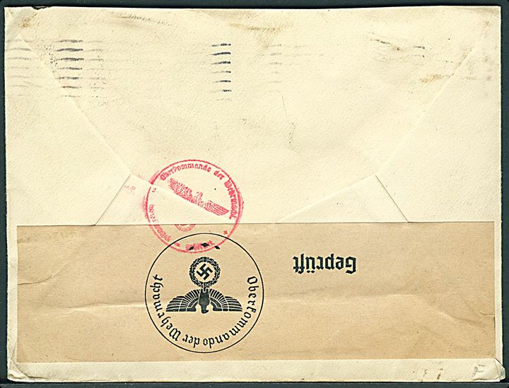 15 øre Karavel (2) på brev fra Lyngby d. 21.5.1940 til Hollywood, USA. Åbnet af tysk censur i Berlin.