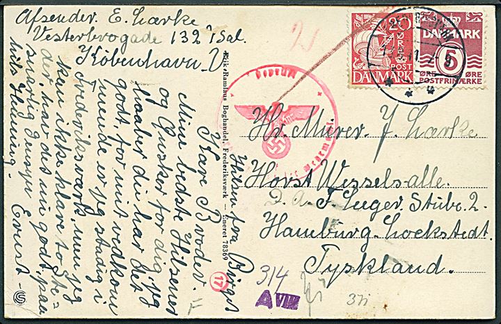 5 øre Bølgelinie og 20 øre Karavel på brevkort fra Frederiksværk d. 13.8.1941 til dansk tysklandsarbejder i D.A.F. Lager i Hamburg, Tyskland. Tysk censur fra Hamburg.