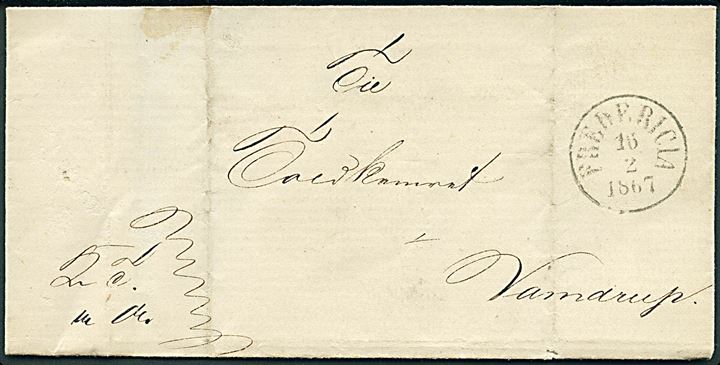 1867. Ufrankeret tjenestebrev mærket K.T.m.A. med antiqua Fredericia d. 16.2.1867 til Toldkammeret i Vamdrup.