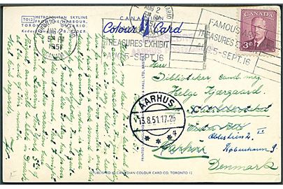 3 cents George VI på brevkort fra Toronto d. 2.8.1951 til Aarhus, Danmark. Eftersendt til København med violet stempel: Kassebrev Aarhus Postkontor.