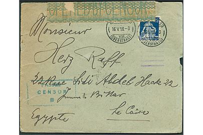 25 c. på brev fra Zürich d. 16.5.1918 til Cairo, Egypten. Åbnet af egyptisk censur med banderole og rammestempel: Passed Censor B.