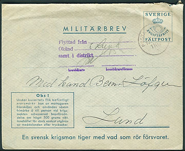 Militärbrev med vedhængende svarmærke stemplet Postanstalten 1107* (= Charlottenberg) d. 12.5.1943 til Lund. Retur som ubekendt. Sendt fra soldat ved Fältpost nr. 24110.