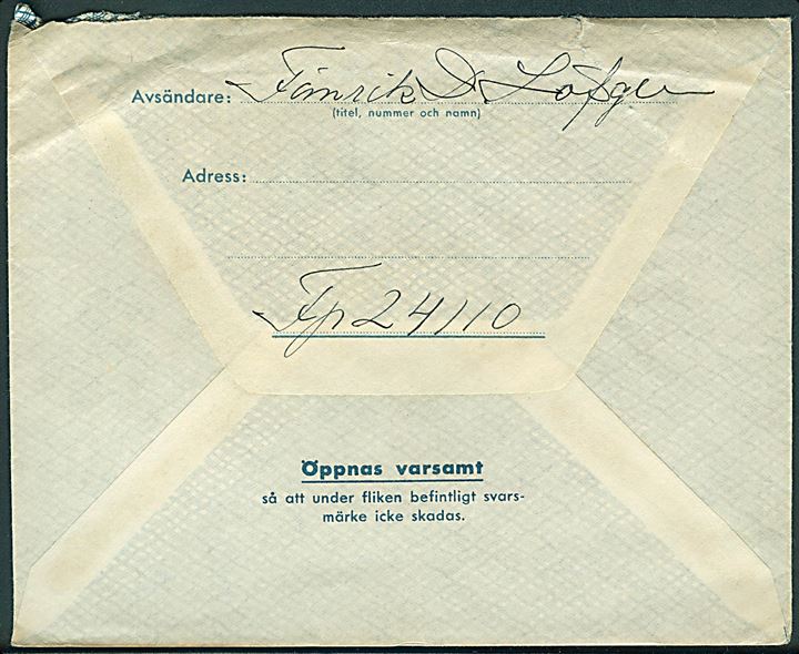 Militärbrev med vedhængende svarmærke stemplet Postanstalten 1107* (= Charlottenberg) d. 12.5.1943 til Lund. Retur som ubekendt. Sendt fra soldat ved Fältpost nr. 24110.
