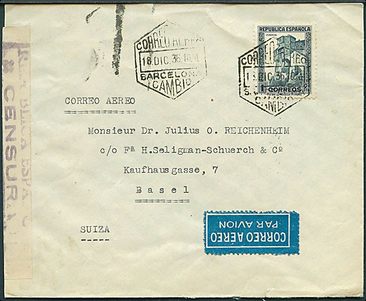 1 pta single på luftpostbrev fra Barcelona d. 18.12.1936 til Basel, Schweiz. Åbnet af lokal censur i Barcelona.