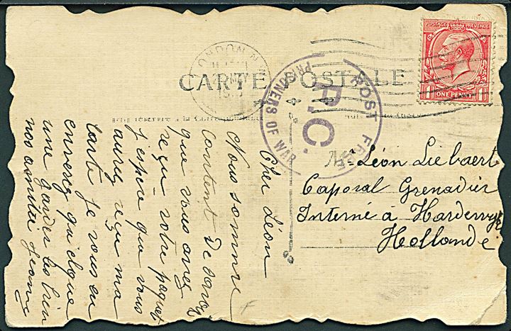 1d George V på brevkort fra London d. 2.5.1915 til interneret soldat i Hardewijk, Holland. Sort censurstempel: Post Free P.C. Prisoners of War.