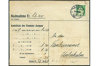 35 c. single på brev med opkrævning fra Aarau d. 24.3.1936 til Unterkulm.