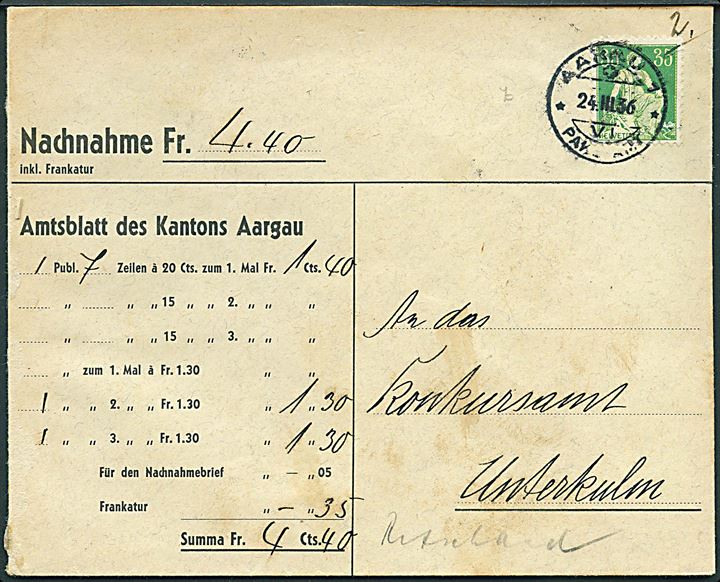35 c. single på brev med opkrævning fra Aarau d. 24.3.1936 til Unterkulm.