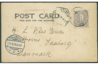 Ponta Delgada 20 r. på brevkort (Britiske dampskib S/S Annis) fra Ponta Delgada på Azoerne d. 17.5.1906 til Horne pr. Faaborg, Danmark.