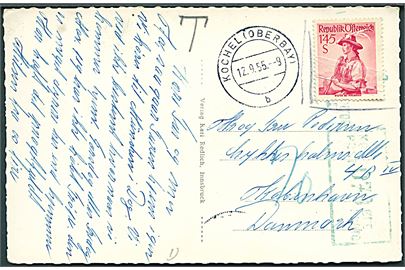 Østrigsk 1,45 s. markeret ugyldig på brevkort sendt fra Tyskland og stemplet Kochel (Oberbay) d. 12.9.1955 til København, Danmark. 70 øre grønt porto-maskinstempel.