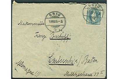 25 c. Helvetia single på brev fra Brig d. 9.7.1905 til Karlsruhe, Tyskland.