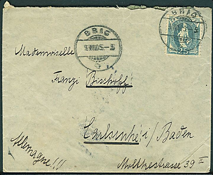 25 c. Helvetia single på brev fra Brig d. 9.7.1905 til Karlsruhe, Tyskland.