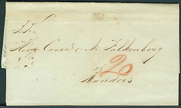 1849. Portobrev med blåligt antiqua Kjøbenhavn d. 17.4.1849 til Randers. Påskrevet 20 sk. porto. Fuldt indhold.