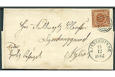 4 sk. 1858 udg. på brev annulleret med nr.stempel 33 og sidestemplet antiqua Kjerteminde d. 15.12.1862 til Dyrehauggaard pr. Nyborg. Påskrevet Bedes snarligt befordret.