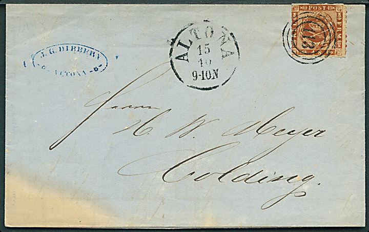 4 sk. stukken kant på brev annulleret med nr.stempel 113 og sidestemplet antiqua Altona d. 15.10.1863 til Kolding. Skjold i venstre hjørne.