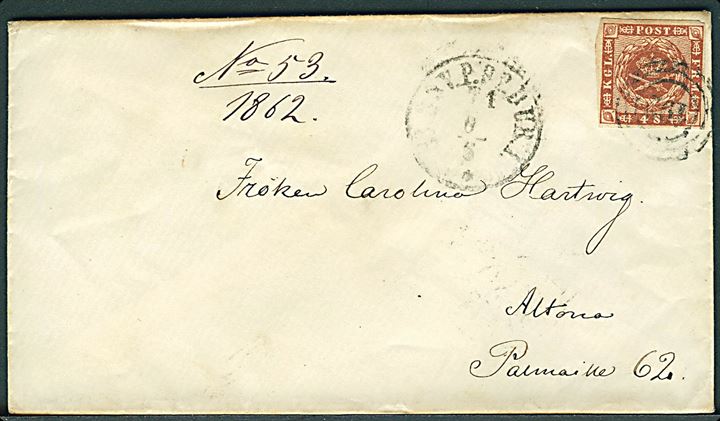 4 sk. 1858 udg. på brev annulleret med nr.stempel 192 og sidestemplet antiqua Slesv. P.S.Bur.I d. 6.6.1862 til Altona.