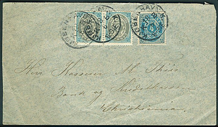 3 øre i parstykke og 4 øre Tofarvet på brev annulleret med lapidar Kjøbenhavn d. 18.6.1894 til Christiania, Norge.