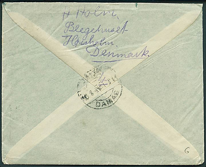 10 øre (2) og 20 øre Chr. X på brev fra Hørsholm d. 28.2.1921 til Nebk via Damaskus, Syrien.