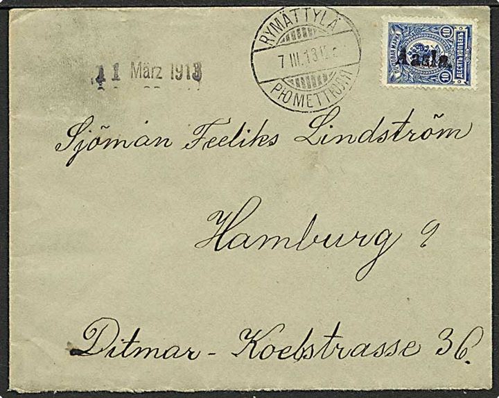 Russisk 10 kop. Våbenudg. brugt i Finland på brev annulleret med liniestempel Aasla og sidestemplet Rymättylä d. 7.3.1913 til Hamburg, Tyskland.