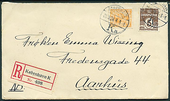 5 øre Bølgelinie og 40 øre Chr. X på anbefalet brev fra København d. 20.12.1926 til Aarhus.