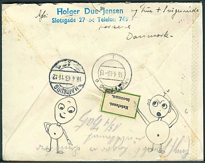 10 øre Chr. X (4) på luftpostbrev fra Horsens d. 8.4.1943 til dansk tysklandsarbejder i DAF Lager i Hamburg, Tyskland. Retur med 2-sproget etiket Unbekannt. Tysk censur fra Berlin.