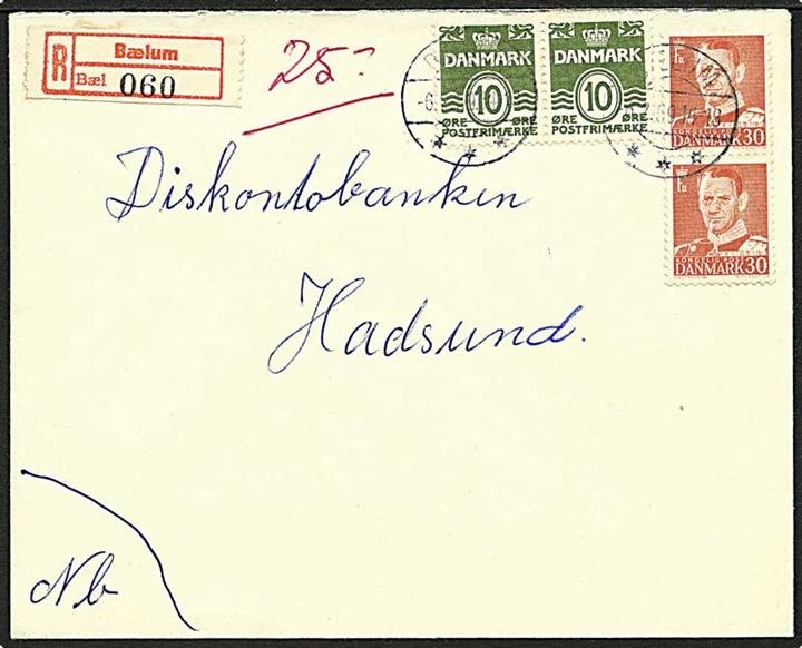 10 øre Bølgelinie og 30 øre Fr. IX i parstykker på 80 øre frankeret anbefalet brev annulleret med brotype IIc stempel Bælum d. 6.2.1959 til Hadsund.
