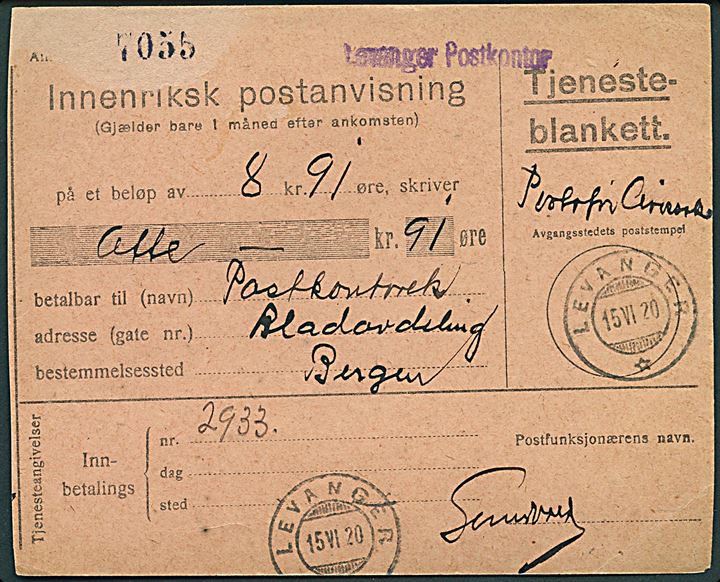 Ufrankeret Tjenesteblankett for Innenriksk postanvisning påskrevet portofrit fra Levanger Postkontor stemplet Levanger d. 15.6.1920 til Bergen. 