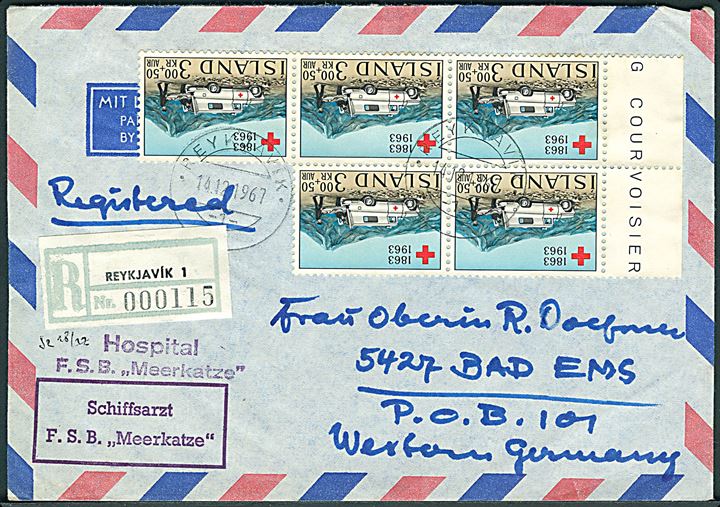 3 kr.+50 aur Røde Kors Jubilæum (5) på anbefalet luftpostbrev fra Reykjavik d. 14.12.1967 til Bad Ems, Tyskland. Privat skibsstempel: Hospital F.S.B. Mererkatze og Schiffsarzt F.S.B. Meerkatze. F.S.B. = fischereischutzboot.