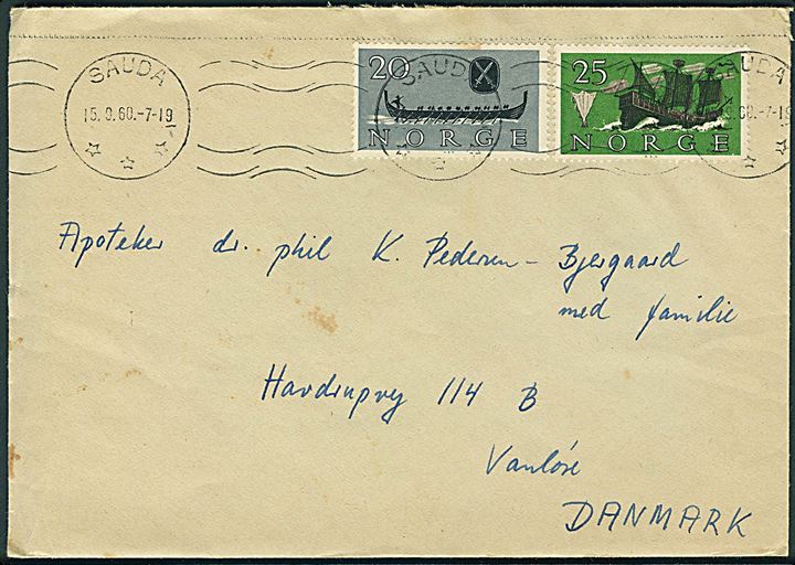 20 øre og 25 øre Skibsfart på brev fra Sauda d. 15.9.1960 til Vanløse, Danmark.