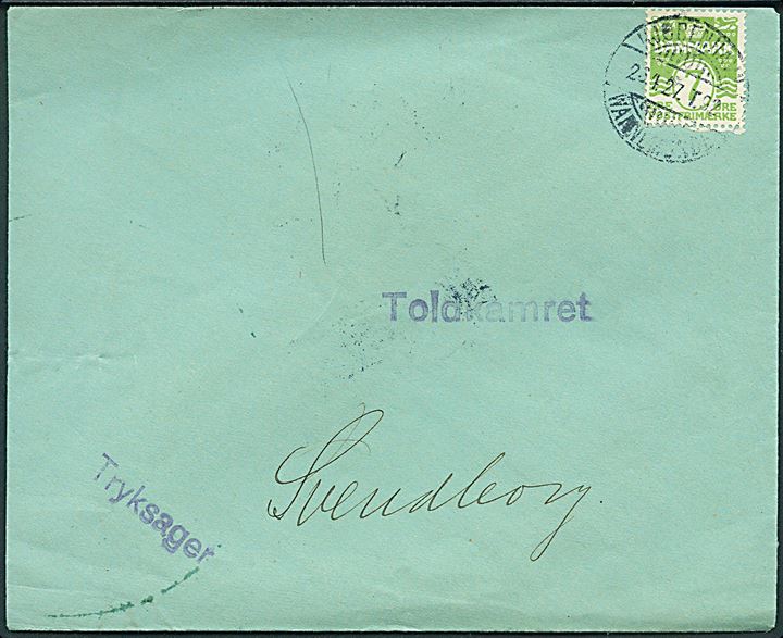 7 øre Bølgelinie på tryksag fra Gedser Toldsted  annulleret med bureaustempel Kjøbenhavn - Warnemünde T.92 d. 26.4.1927 til toldkamret i Svendborg.