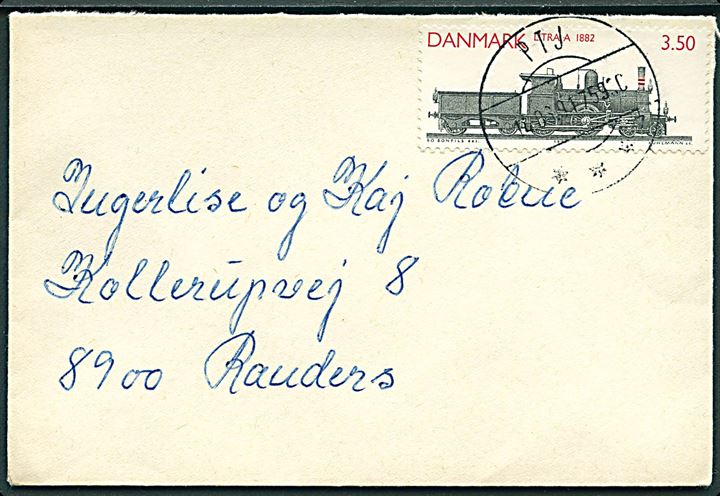 3,50 kr. Lokomotiv på lille kuvert annulleret med bureaustempel PTJ sn7 T.7592C d. 14.6.1991 til Randers. 