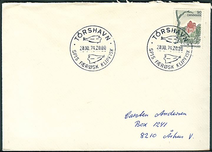 90 øre Landsdels udg. på brev annulleret med klipfiskstempel i Tórshavn d. 28.10.1974 til Århus.