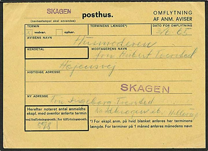 Formular til omflytning af anmeldte aviser fra Skagen dateret d. 3.6.1965.