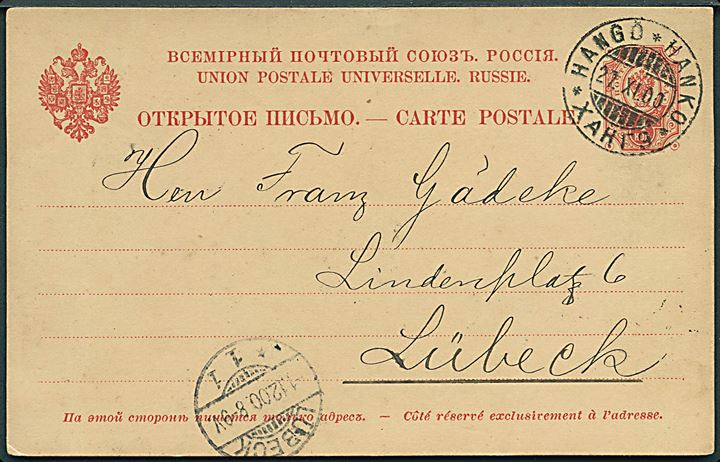 4 kop. Våben med ringe helsagsbrevkort annulleret med 3-sproget stempel i Hangö d. 21.11.1900 til Lübeck, Tyskland.