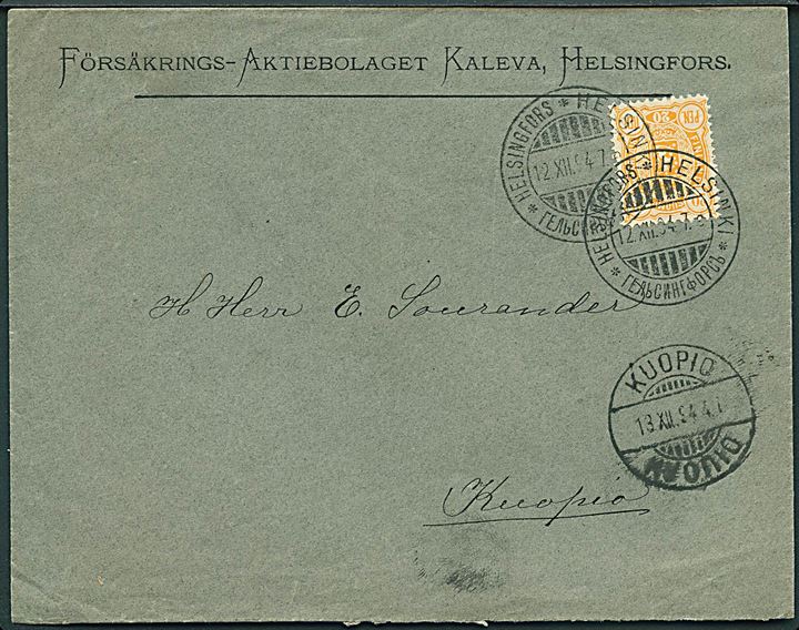 20 pen. Våben på brev fra Helsingfors d. 12.12.1894 til Kuopio.