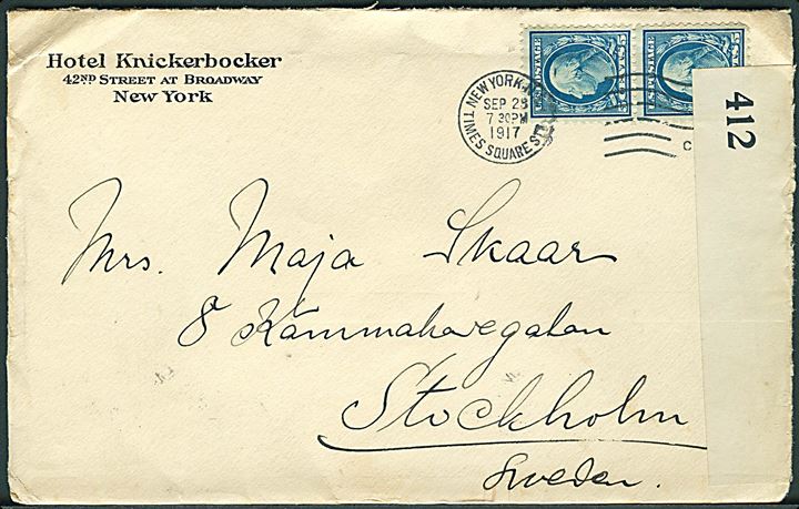 5 cents Washington i parstykke på brev fra New York d. 28.9.1917 til Stockholm, Sverige. Åbnet af britisk censur no. 412.