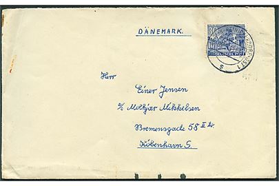 30 pfg. Bygning single på brev fra Berlin d. 9.5.1950 til København, Danmark. Sorte ombæringskontrol streger.