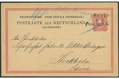 10 pfg. helsagsbrevkort annulleret med bureaustempel Löhner - Halle A.S. d. 7.4.1880 og håndskrevet Aschersleben til Stockholm, Sverige.