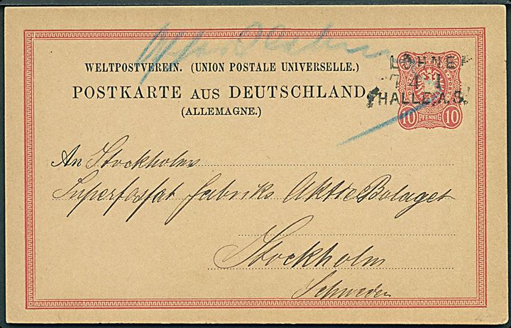 10 pfg. helsagsbrevkort annulleret med bureaustempel Löhner - Halle A.S. d. 7.4.1880 og håndskrevet Aschersleben til Stockholm, Sverige.